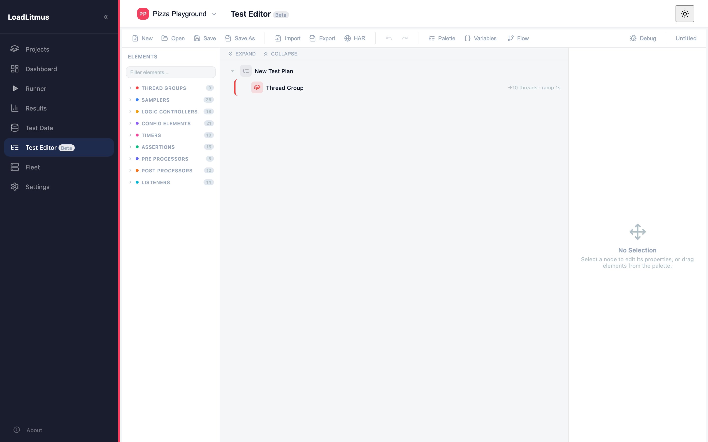 The Test Editor with a new plan