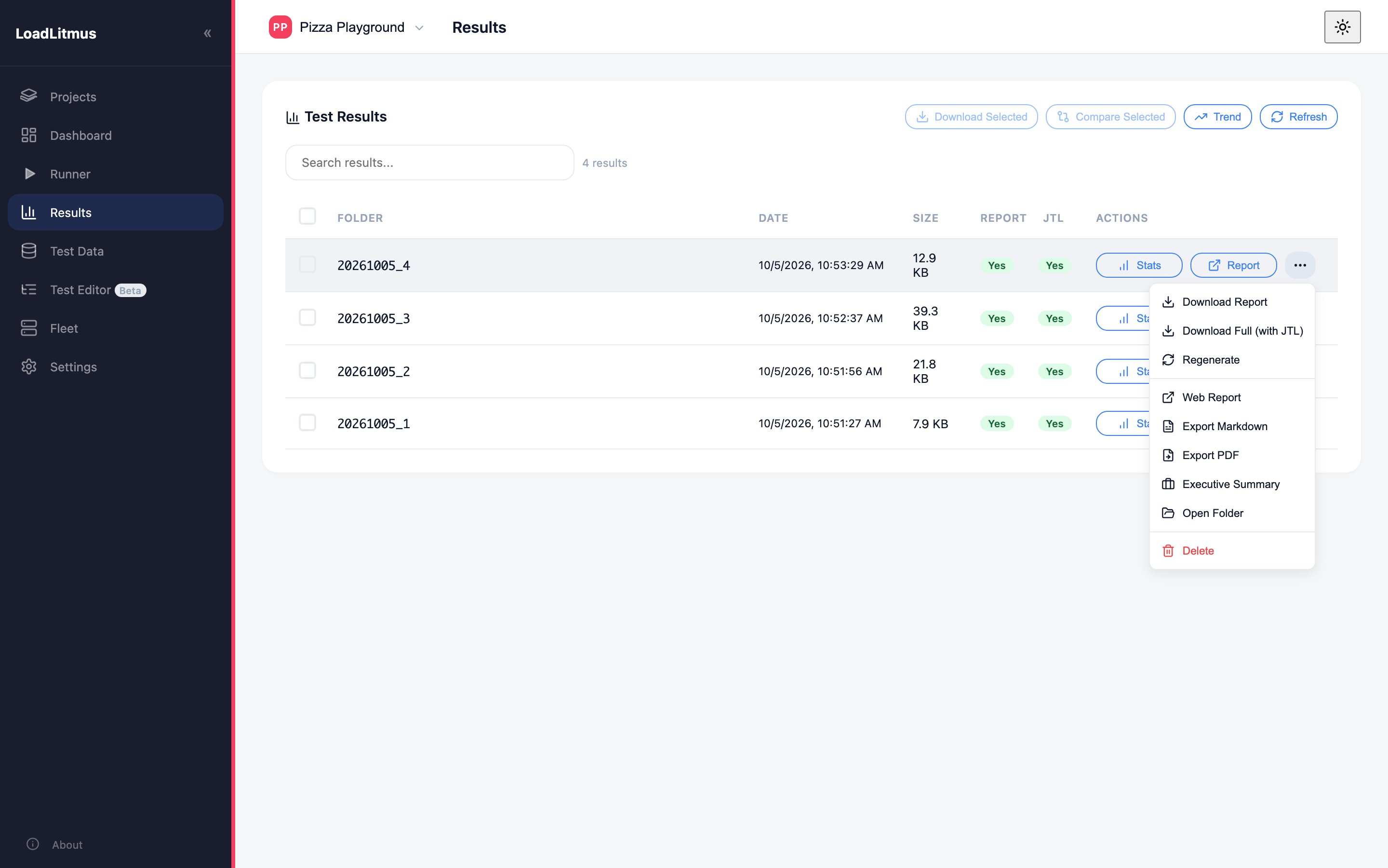 The actions menu on a run, with downloads, Web Report and the Markdown and PDF exports