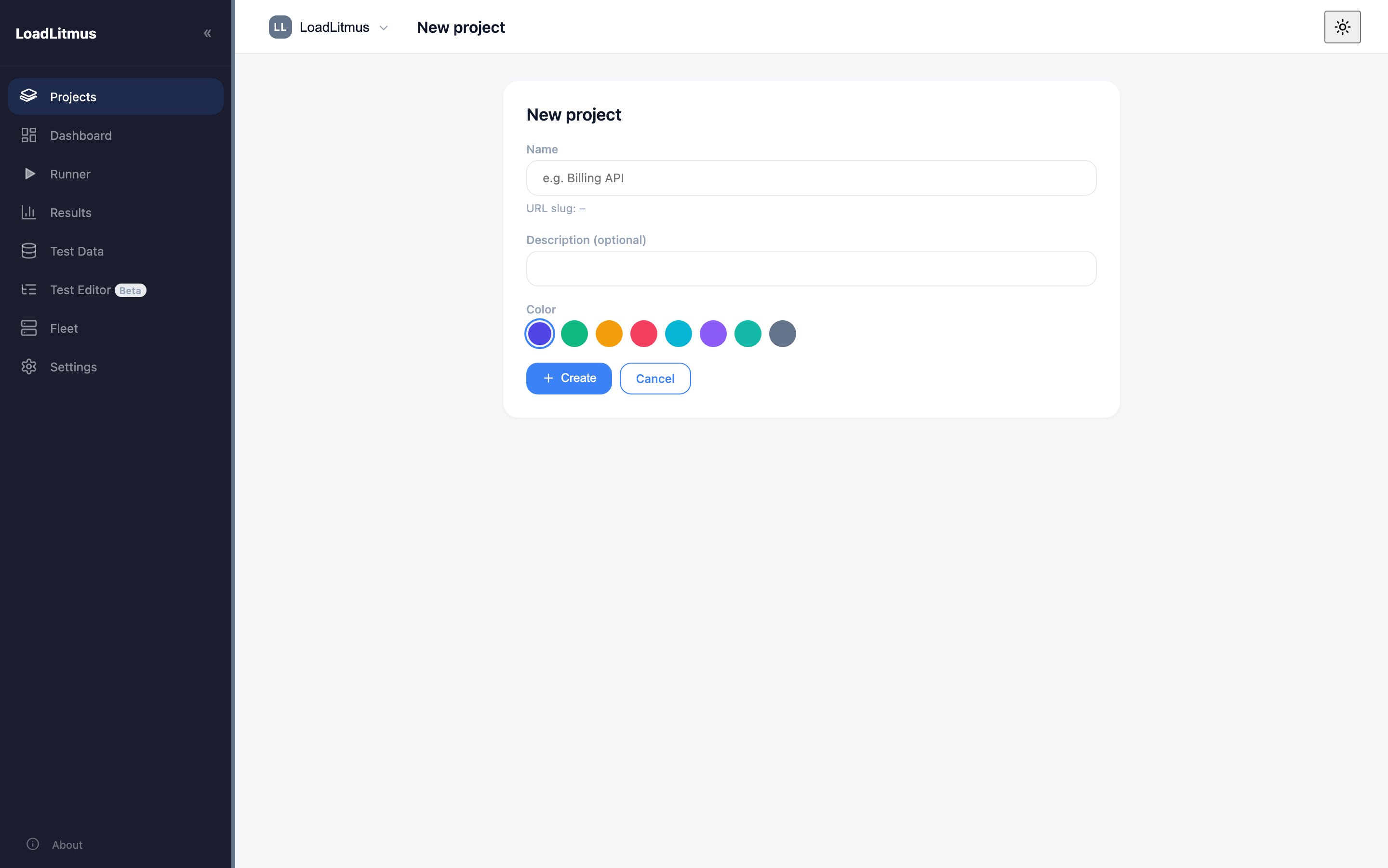 Creating a project: name, description and colour