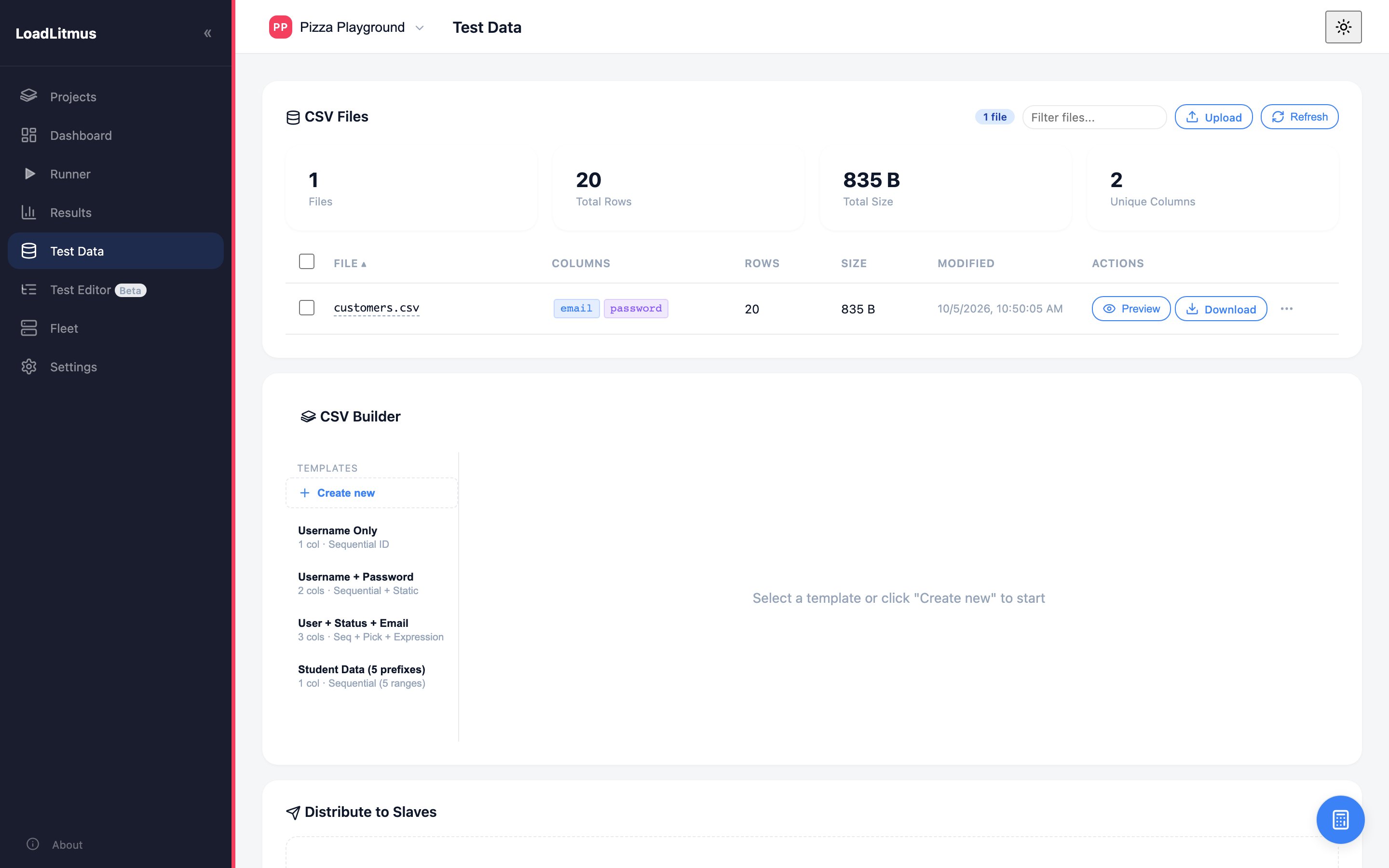 The Test Data page